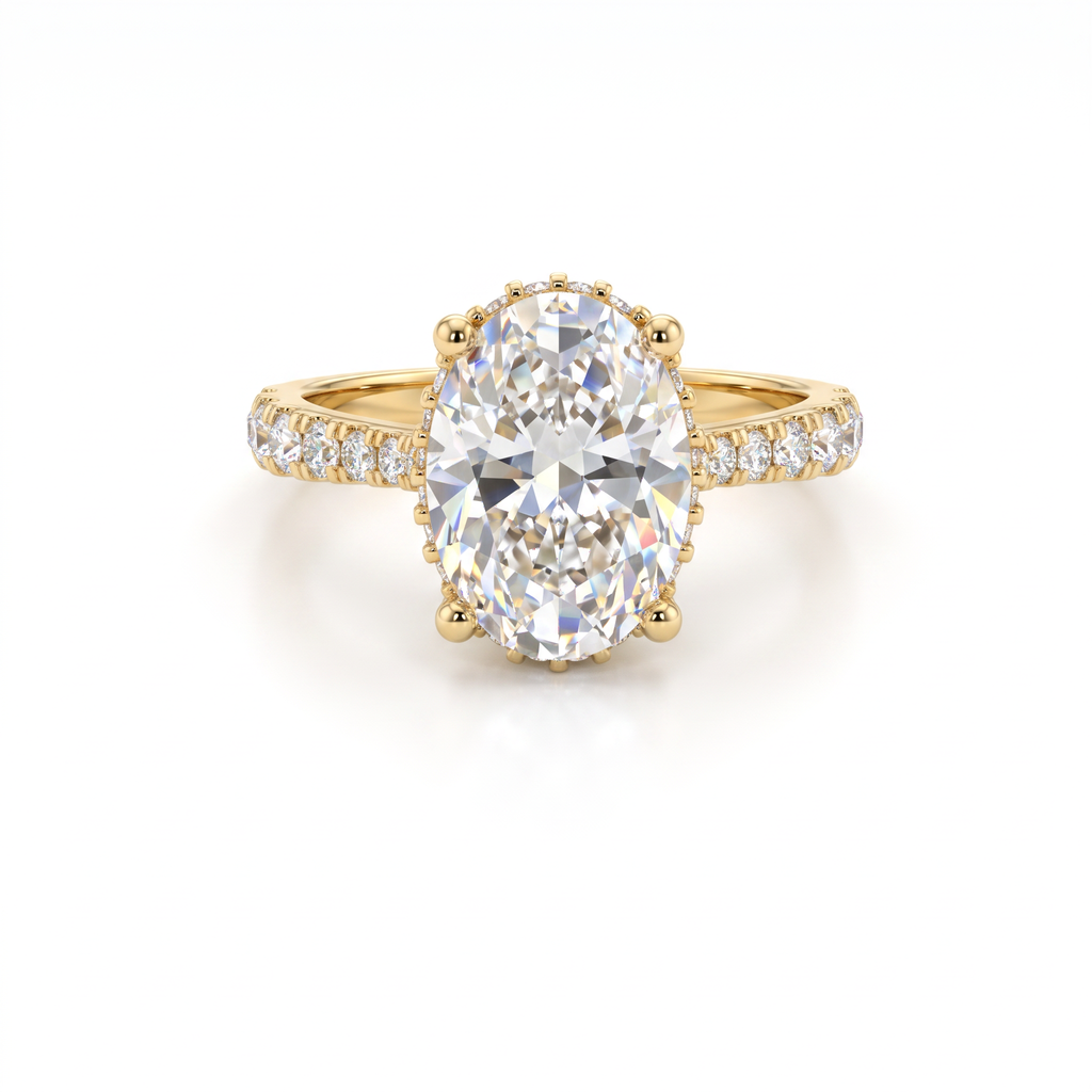 2.5ct oval Lab-Grown Diamond engagement ring in 14K yellow gold with hidden halo and pavé band, top view