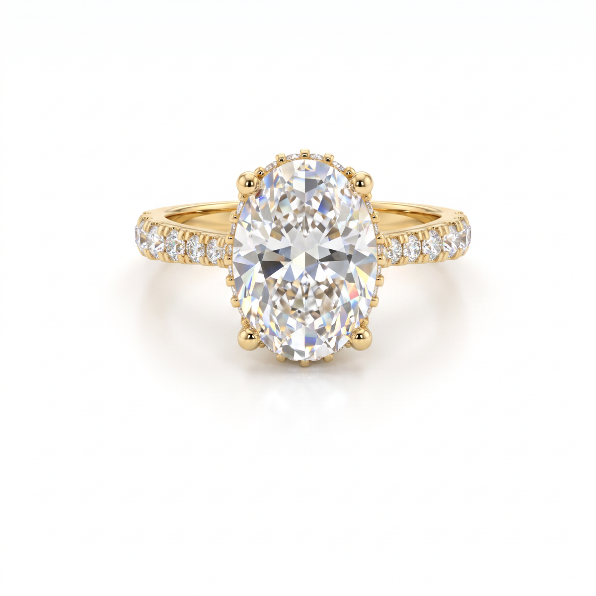 2.5ct oval Lab-Grown Diamond engagement ring in 14K yellow gold with hidden halo and pavé band, top view
