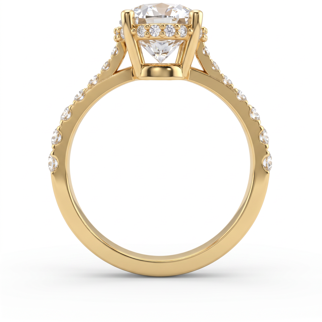Profile view of a 2.5ct oval engagement ring in 14K gold showing the hidden halo of Lab-Grown Diamonds under the center stone