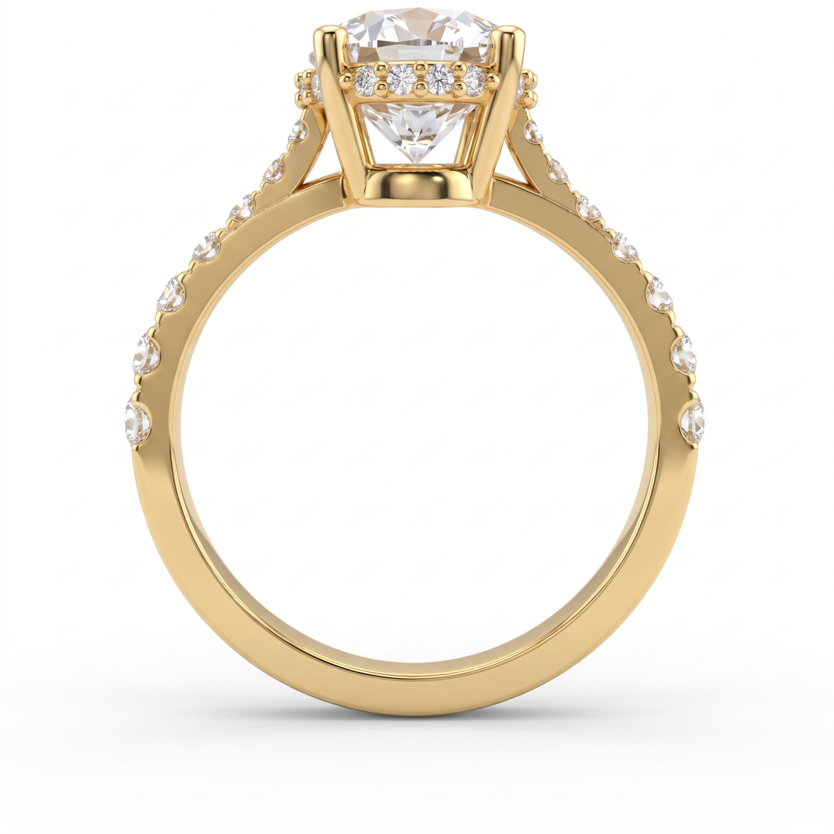 Profile view of a 2.5ct oval engagement ring in 14K gold showing the hidden halo of Lab-Grown Diamonds under the center stone