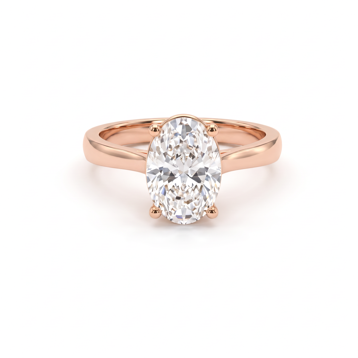 2.5ct oval cut diamond solitaire in 14K rose gold, front view, four-prong head on a 2.5mm shank