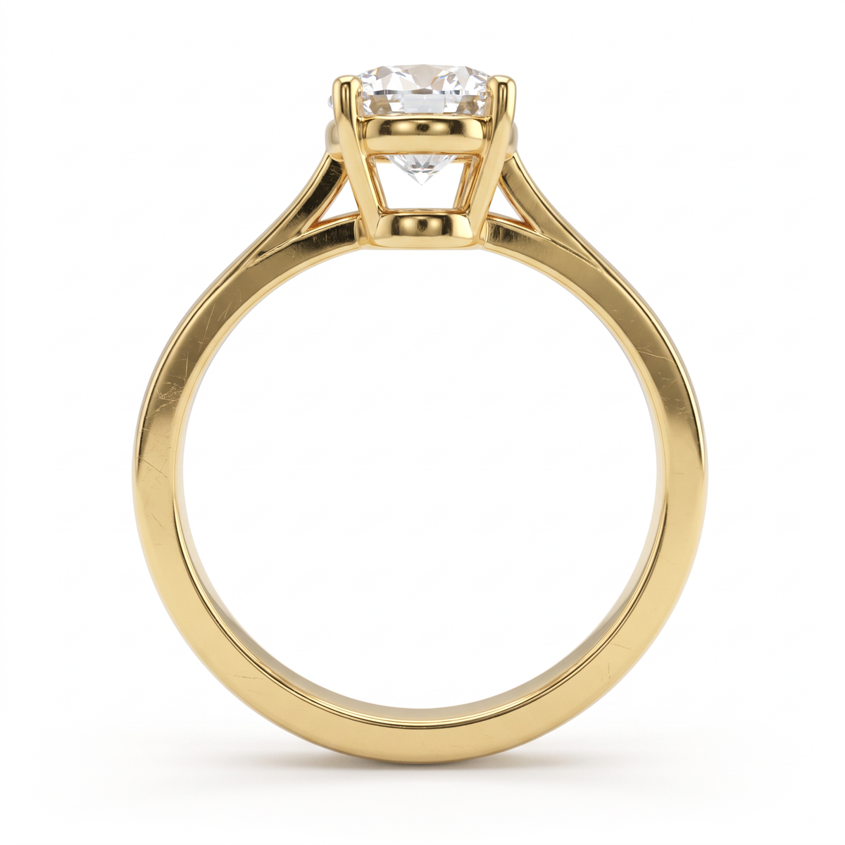 Side profile of the 2.5ct oval solitaire in 14K yellow gold, showing the second gallery beneath the basket