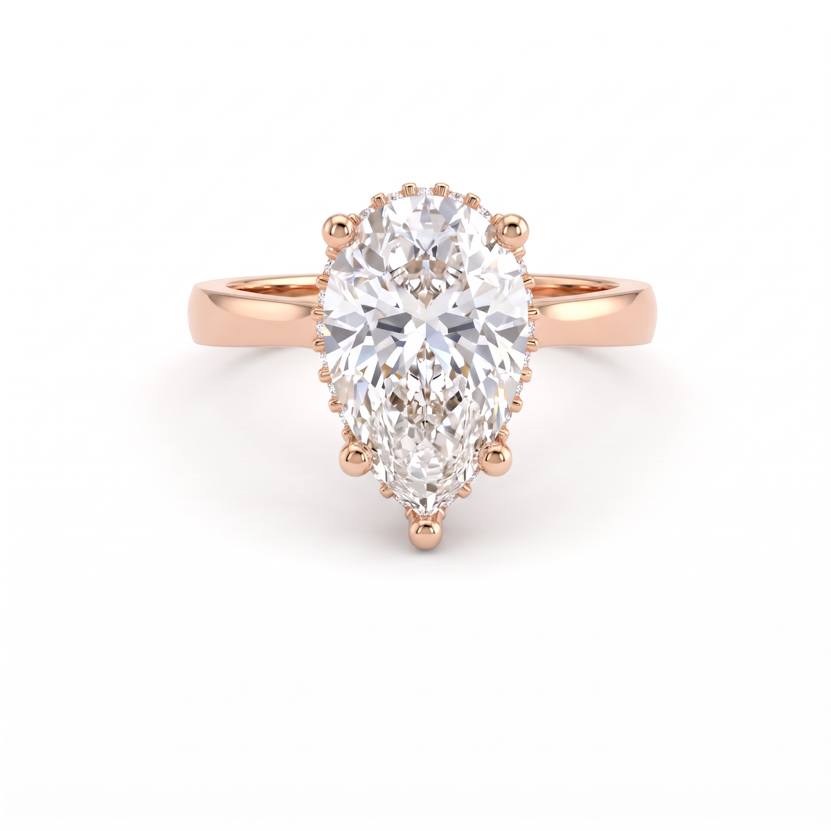 2.5ct pear cut Lab-Grown Diamond hidden halo engagement ring in 14K rose gold, front view