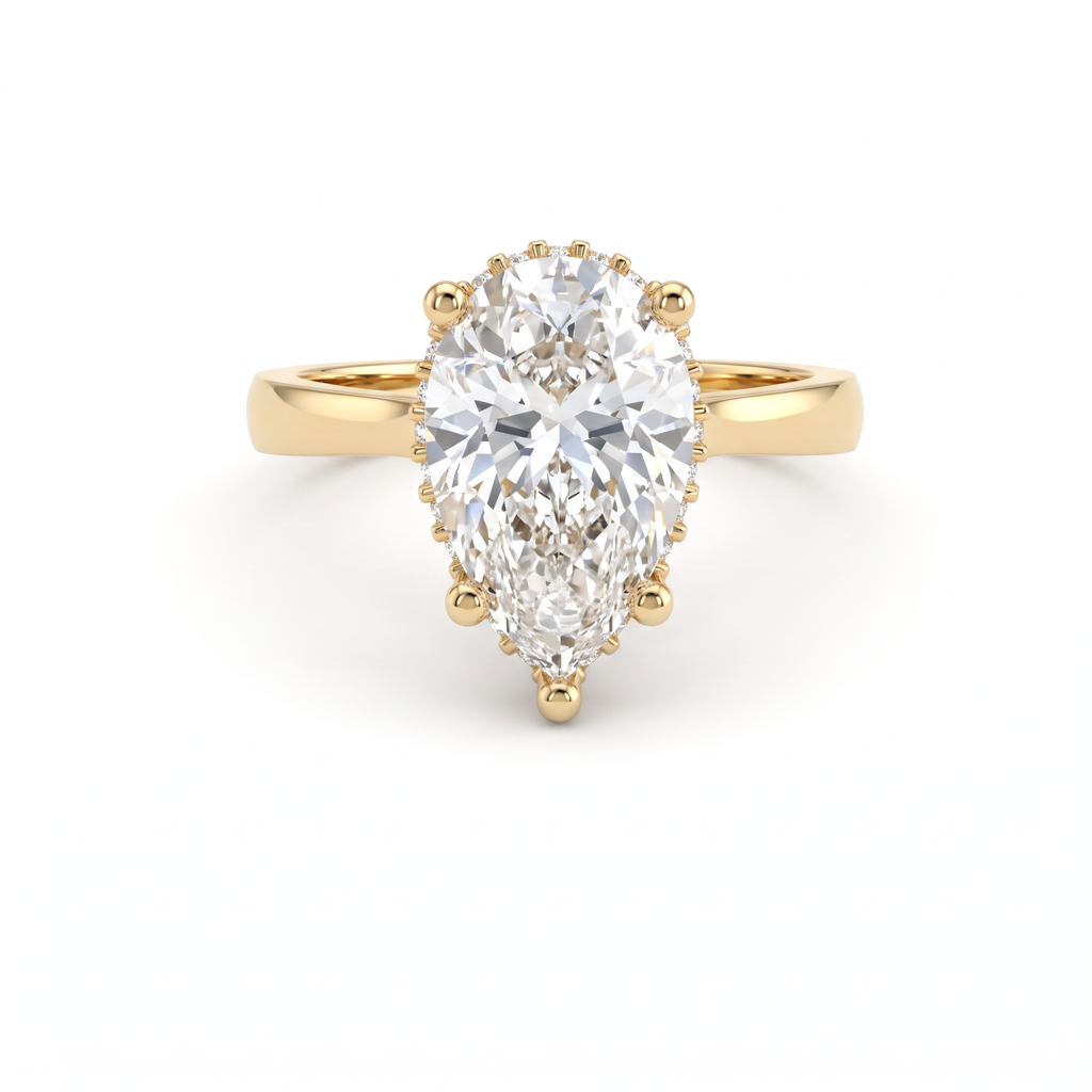 2.5ct pear cut Lab-Grown Diamond hidden halo engagement ring in 14K yellow gold, front view