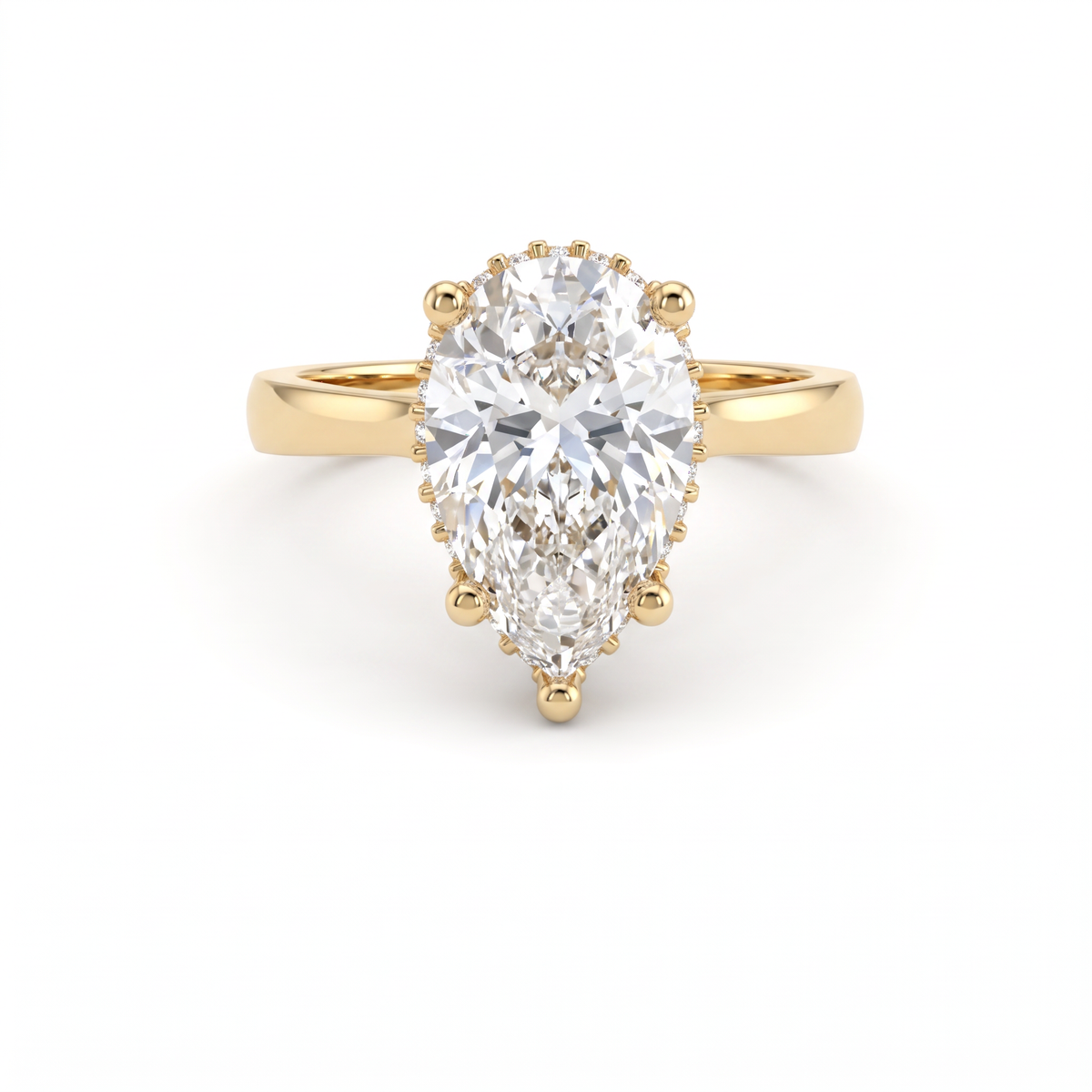 2.5ct pear cut Lab-Grown Diamond hidden halo engagement ring in 14K yellow gold, front view
