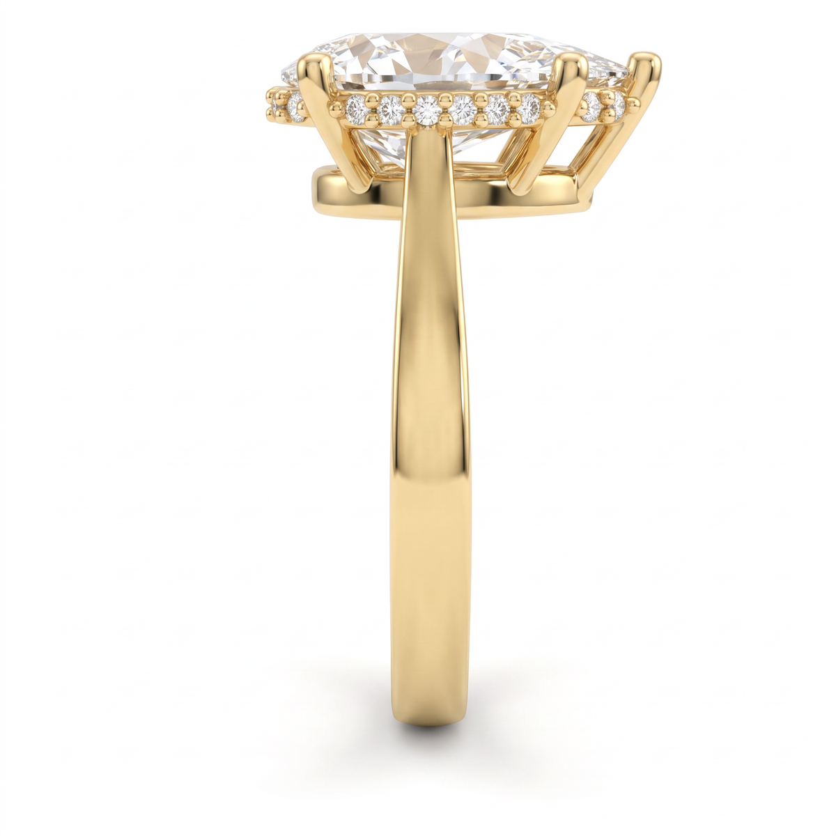 Hidden halo detail, pavé Lab-Grown Diamonds set beneath a 2.5ct pear cut center stone in 14K gold