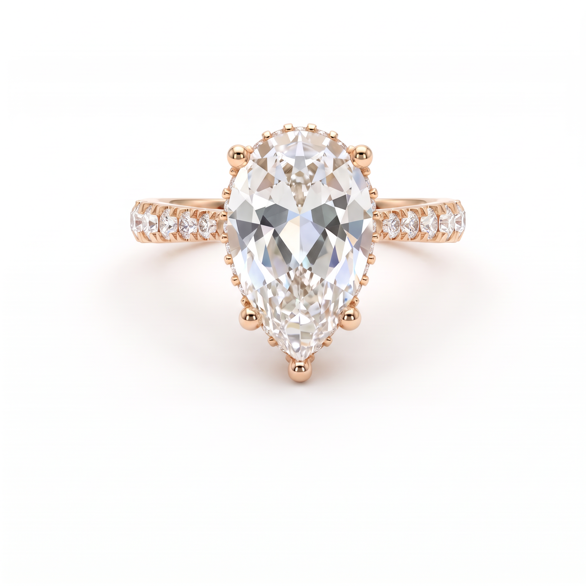 2.5ct Pear Cut Lab-Grown Diamond engagement ring in 14K rose gold with hidden halo and pavé band, front view
