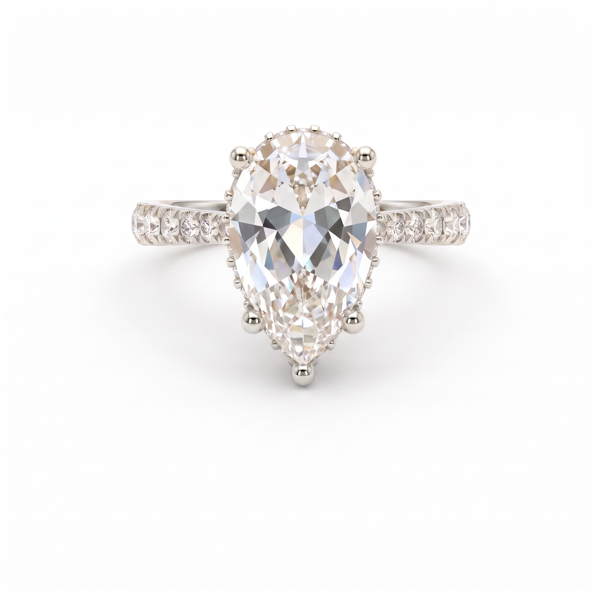 2.5ct Pear Cut Lab-Grown Diamond engagement ring in 14K white gold with hidden halo and pavé band, front view