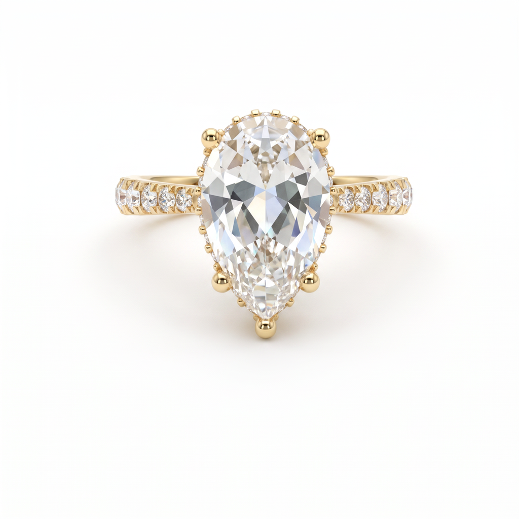 2.5ct Pear Cut Lab-Grown Diamond engagement ring in 14K yellow gold with hidden halo and pavé band, front view