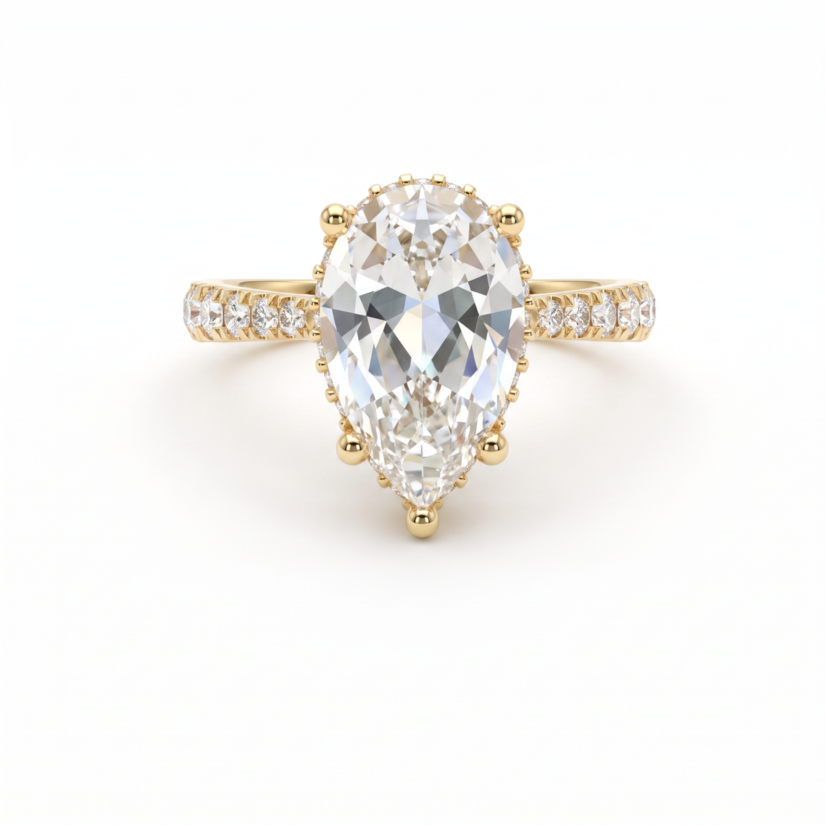 2.5ct Pear Cut Lab-Grown Diamond engagement ring in 14K yellow gold with hidden halo and pavé band, front view