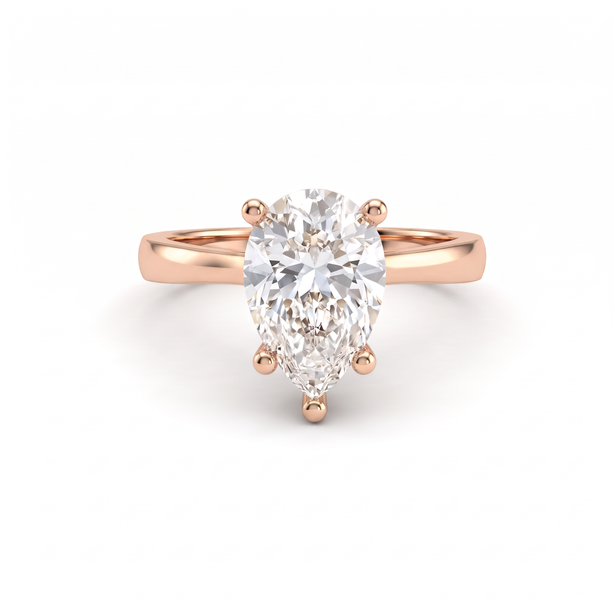 2.5ct pear cut diamond solitaire in 14K rose gold, front view, five-prong head on a 2.5mm shank