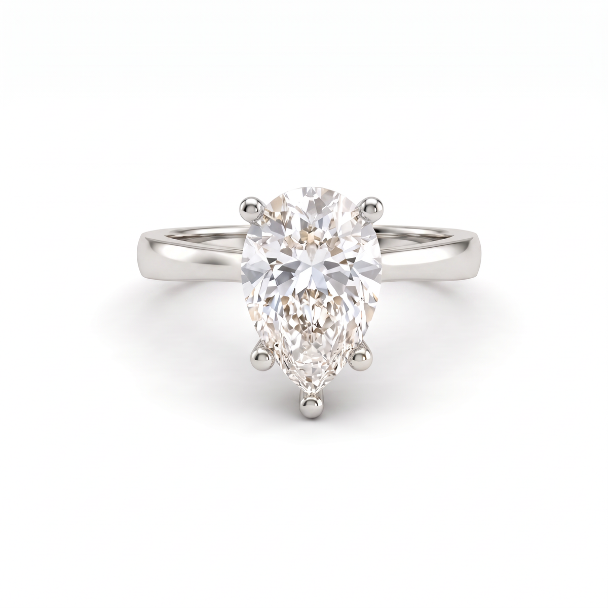 2.5ct pear cut diamond solitaire in 14K white gold, front view, five-prong head on a 2.5mm shank