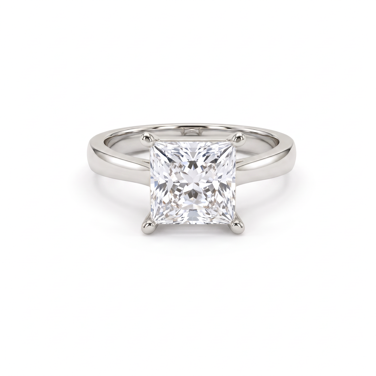 2.5ct princess cut diamond solitaire in 14K white gold, front view, four corner prongs on a 2.5mm shank