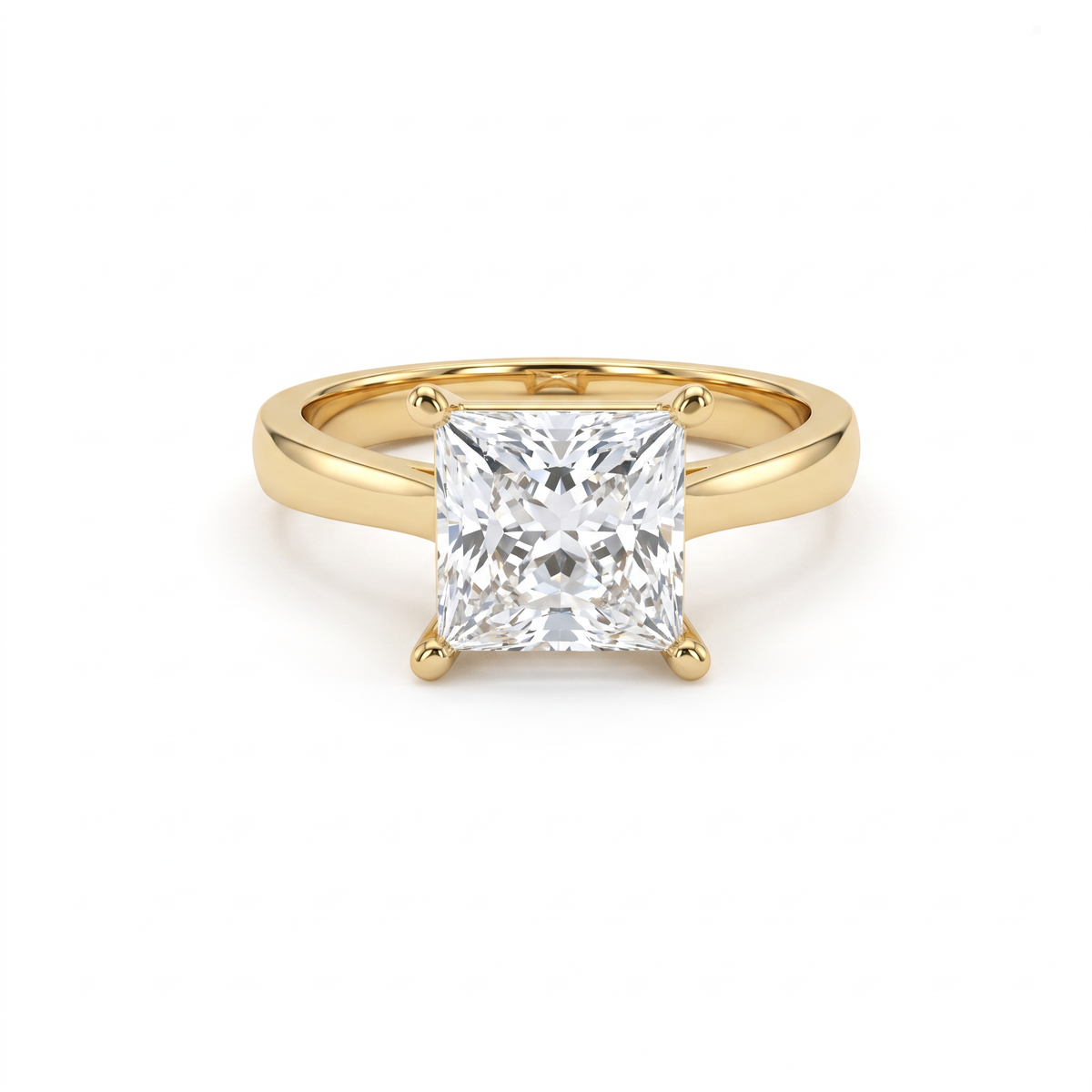 2.5ct princess cut diamond solitaire in 14K yellow gold, front view, four corner prongs on a 2.5mm shank