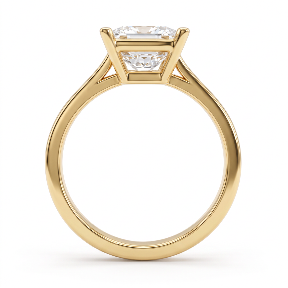 Side profile of the 2.5ct princess cut solitaire in 14K yellow gold, showing the second gallery beneath the basket