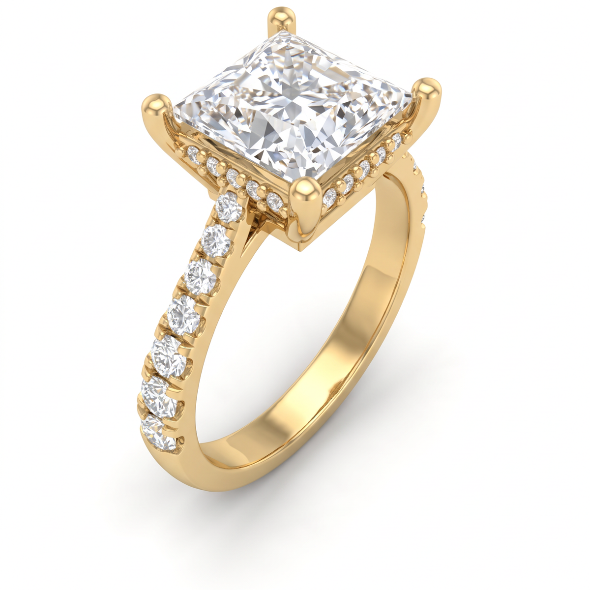 Angled view of a 2.5ct princess cut Lab-Grown Diamond solitaire in 14K yellow gold with four-prong setting and pavé shank