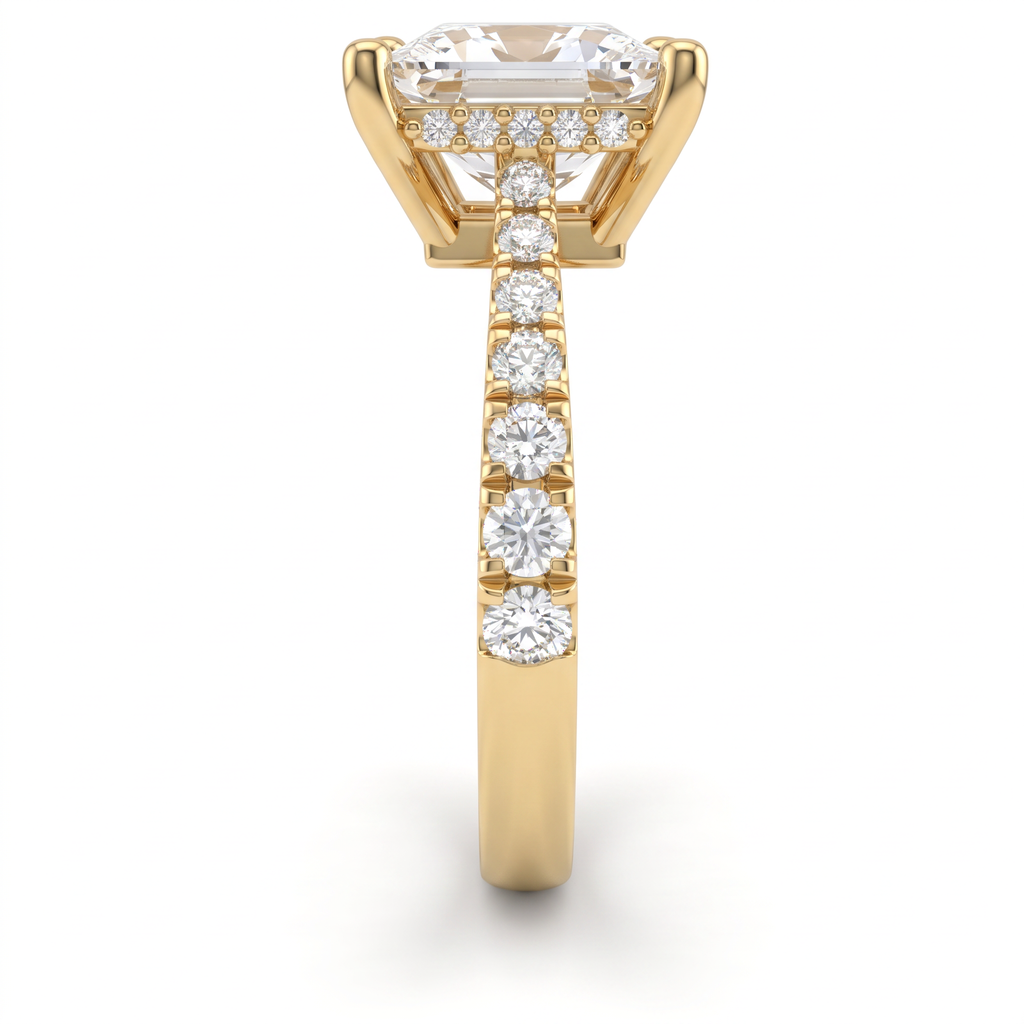 Side view of a 2.5ct princess engagement ring in 14K yellow gold with graduated pavé Lab-Grown Diamond band and hidden halo basket