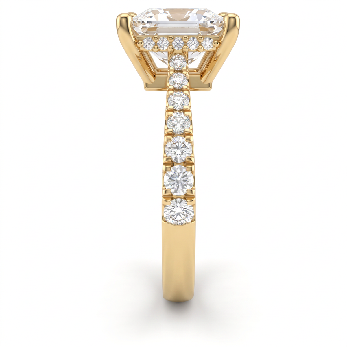 Side view of a 2.5ct princess engagement ring in 14K yellow gold with graduated pavé Lab-Grown Diamond band and hidden halo basket