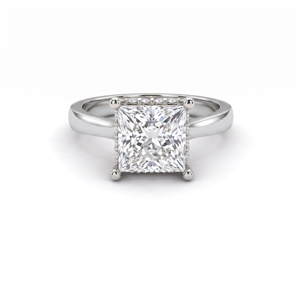 2.5ct princess cut diamond with hidden halo in 14K white gold, front view, four prongs on a 2.5mm shank