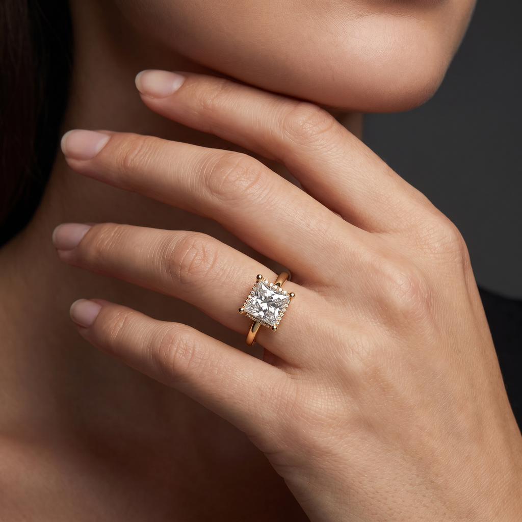 2.5ct princess cut hidden halo engagement ring in 14K yellow gold worn on the hand