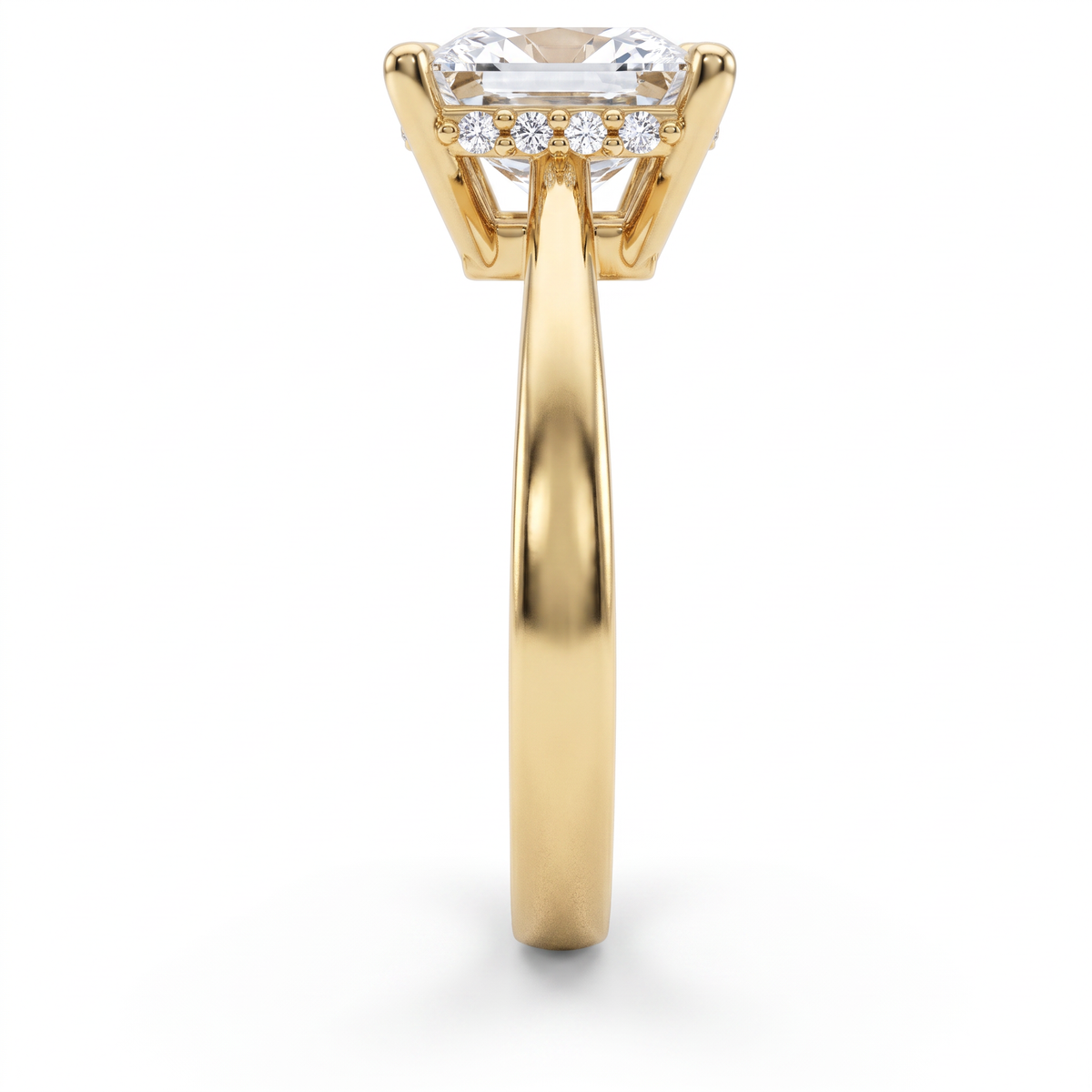 2.5ct princess cut hidden halo ring in 14K yellow gold viewed along the 2.5mm shank, halo and basket visible from the side