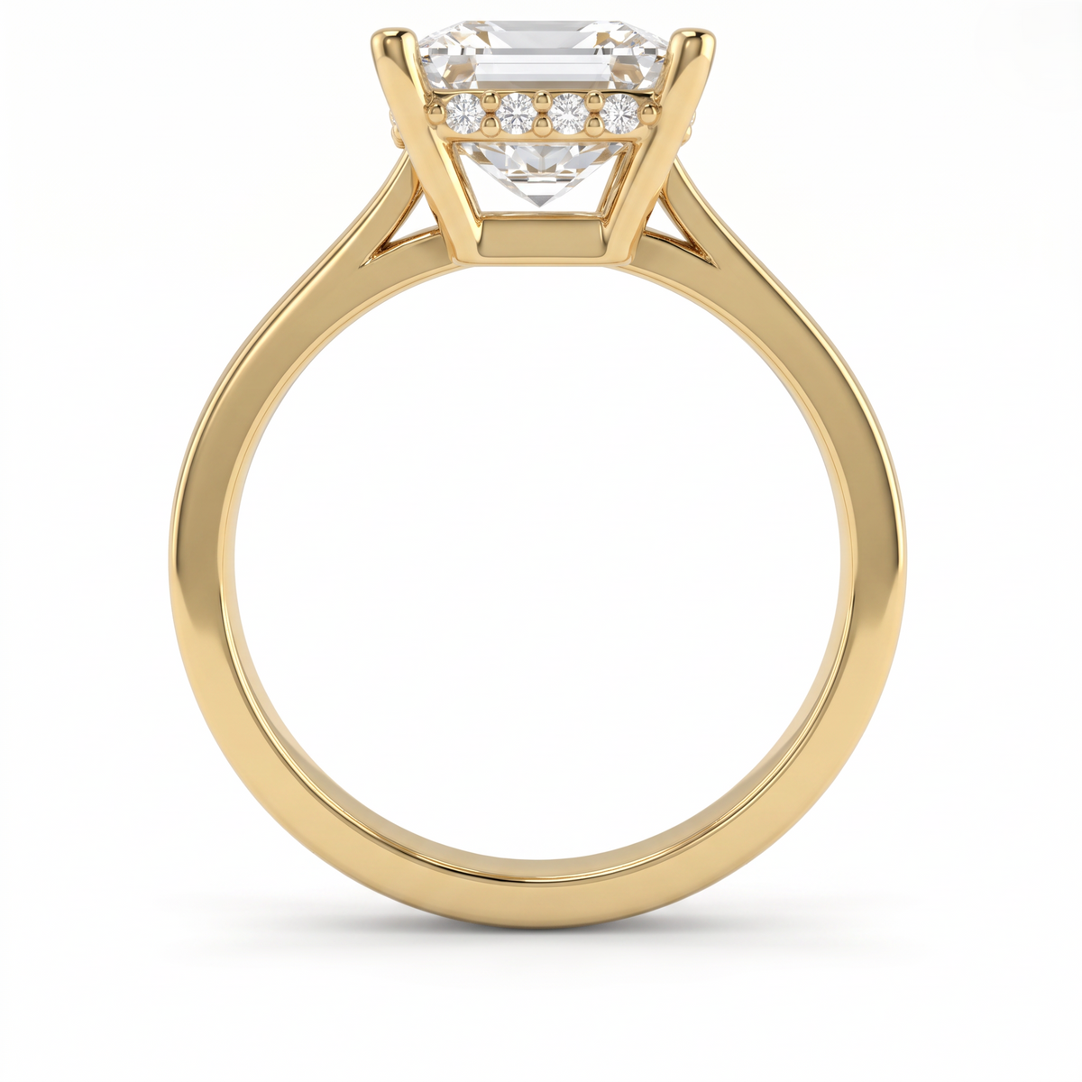 Side profile of the 2.5ct princess cut hidden halo ring in 14K yellow gold, showing the hidden halo beneath the stone
