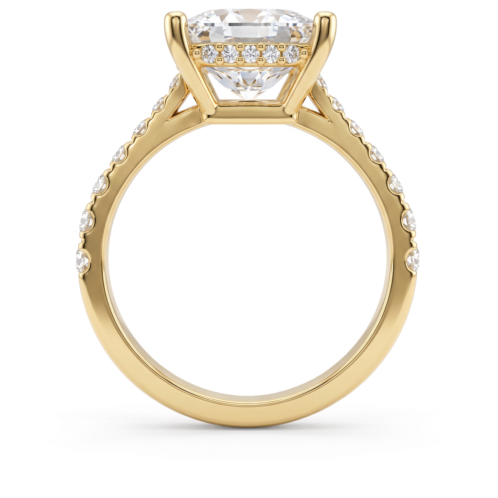 Profile view of a 2.5ct princess engagement ring in 14K gold showing the hidden halo of Lab-Grown Diamonds under the center stone
