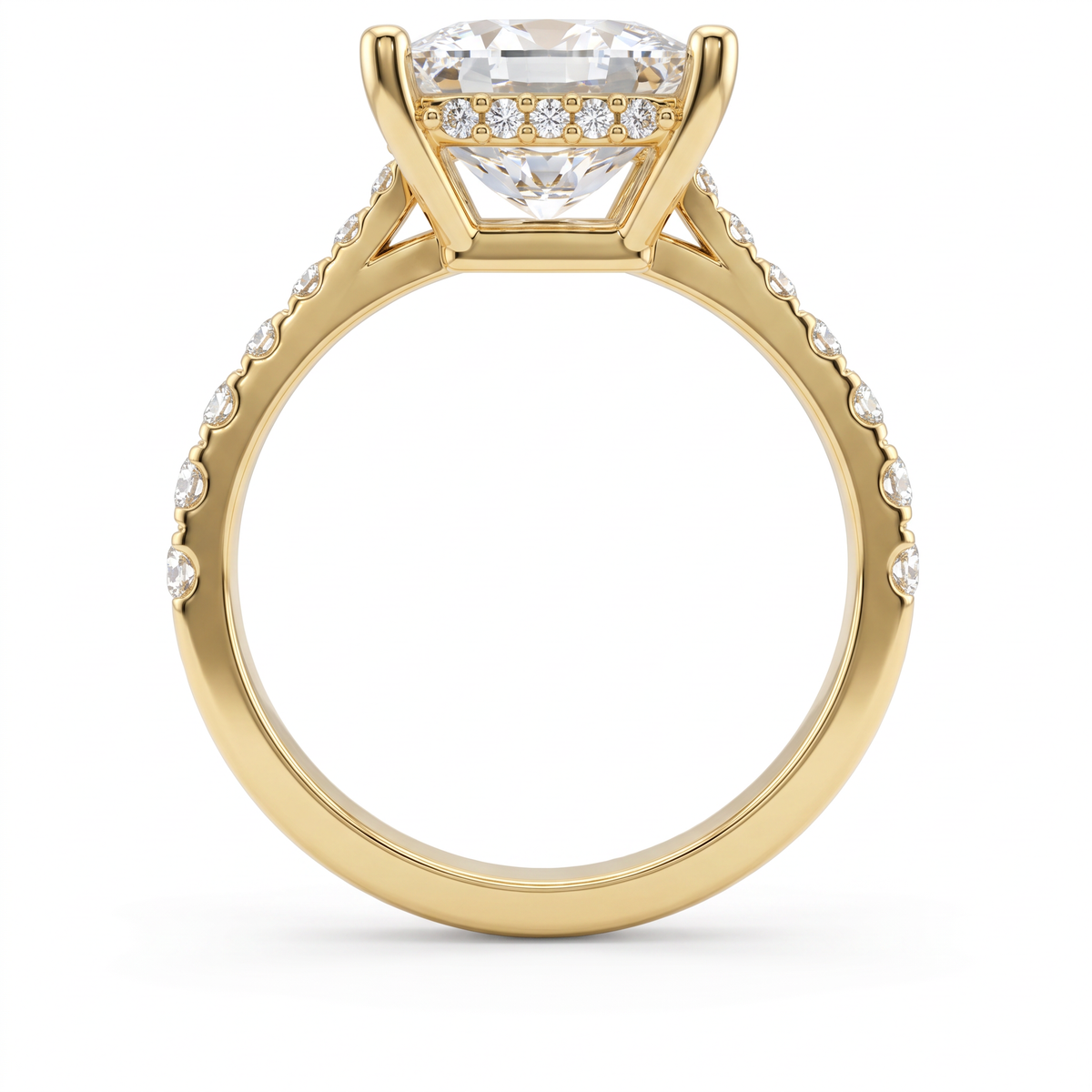Profile view of a 2.5ct princess engagement ring in 14K gold showing the hidden halo of Lab-Grown Diamonds under the center stone