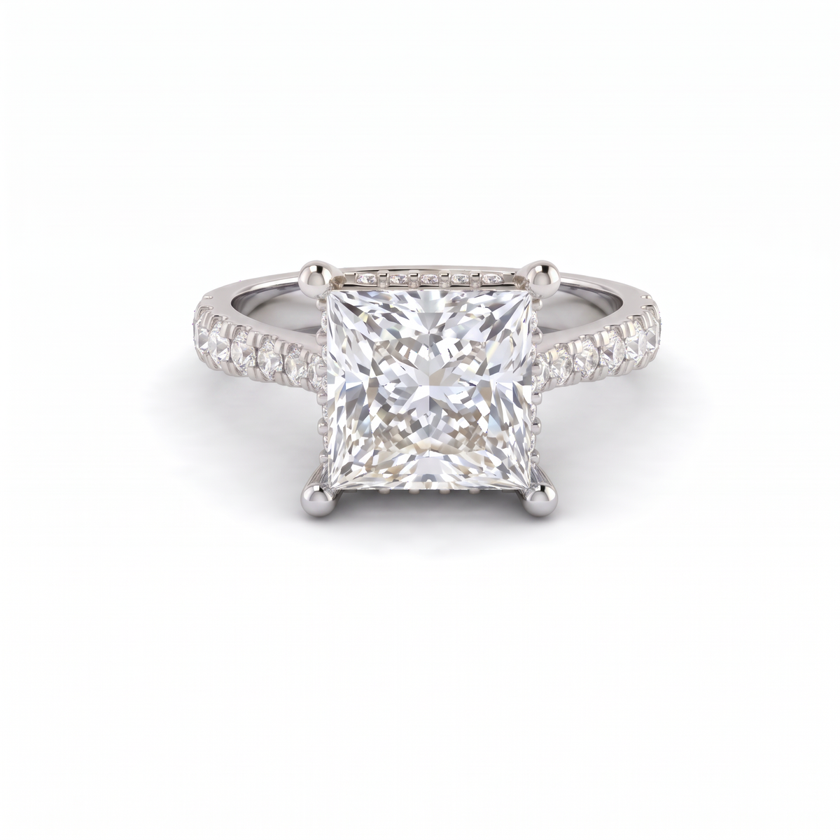 2.5ct princess cut Lab-Grown Diamond engagement ring in 14K white gold with hidden halo and pavé band, top view