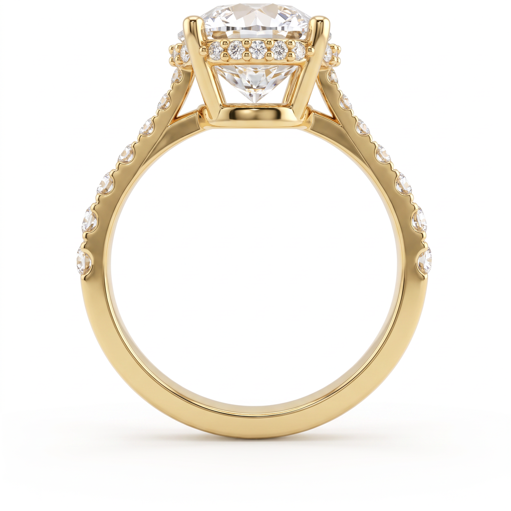 Profile view of a 14K yellow gold 2.5ct Round Brilliant Lab-Grown Diamond engagement ring showing the hidden halo and pavé band