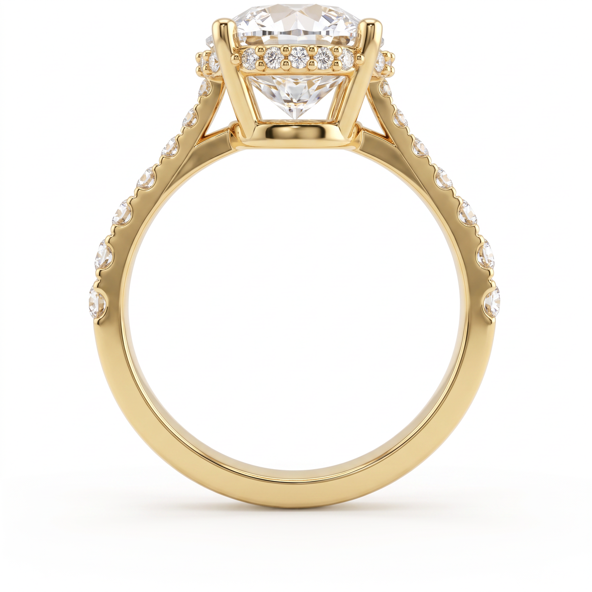 Profile view of a 14K yellow gold 2.5ct Round Brilliant Lab-Grown Diamond engagement ring showing the hidden halo and pavé band