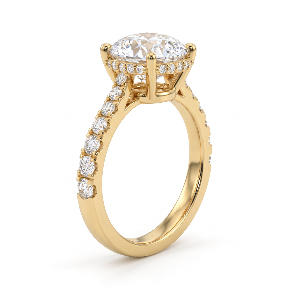 Three-quarter view of a 14K yellow gold 2.5ct Round Brilliant Lab-Grown Diamond engagement ring showing the hidden halo and pavé shoulders