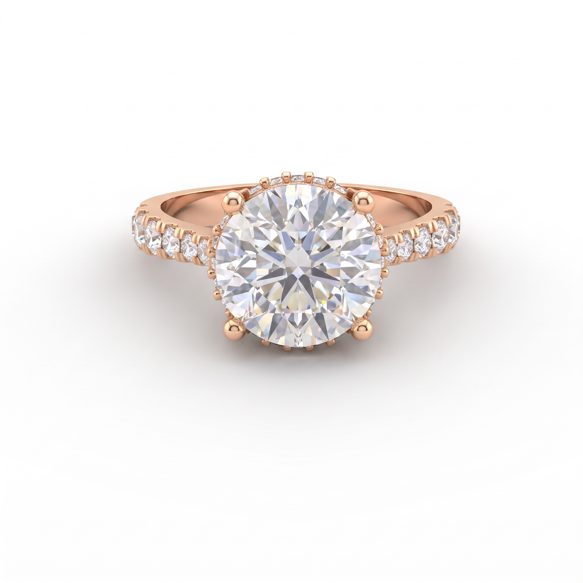 2.5ct Round Brilliant Lab-Grown Diamond engagement ring in 14K rose gold with hidden halo and pavé band, front view