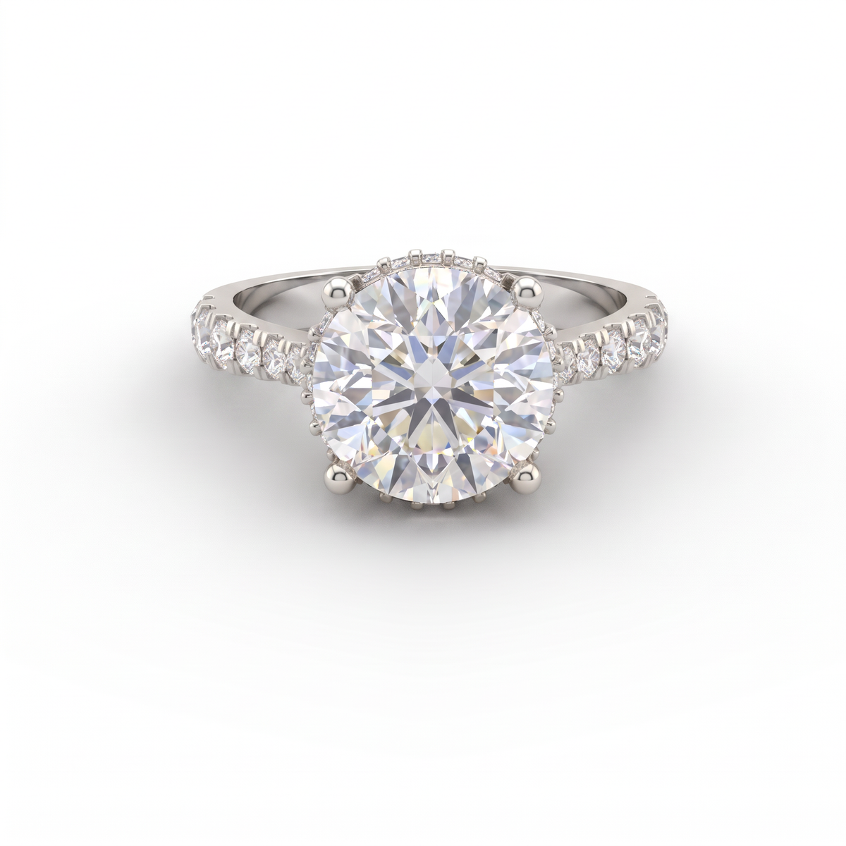 2.5ct Round Brilliant Lab-Grown Diamond engagement ring in 14K white gold with hidden halo and pavé band, front view