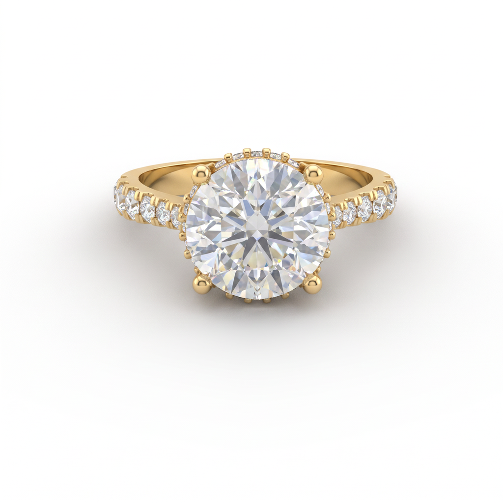 2.5ct Round Brilliant Lab-Grown Diamond engagement ring in 14K yellow gold with hidden halo and pavé band, front view