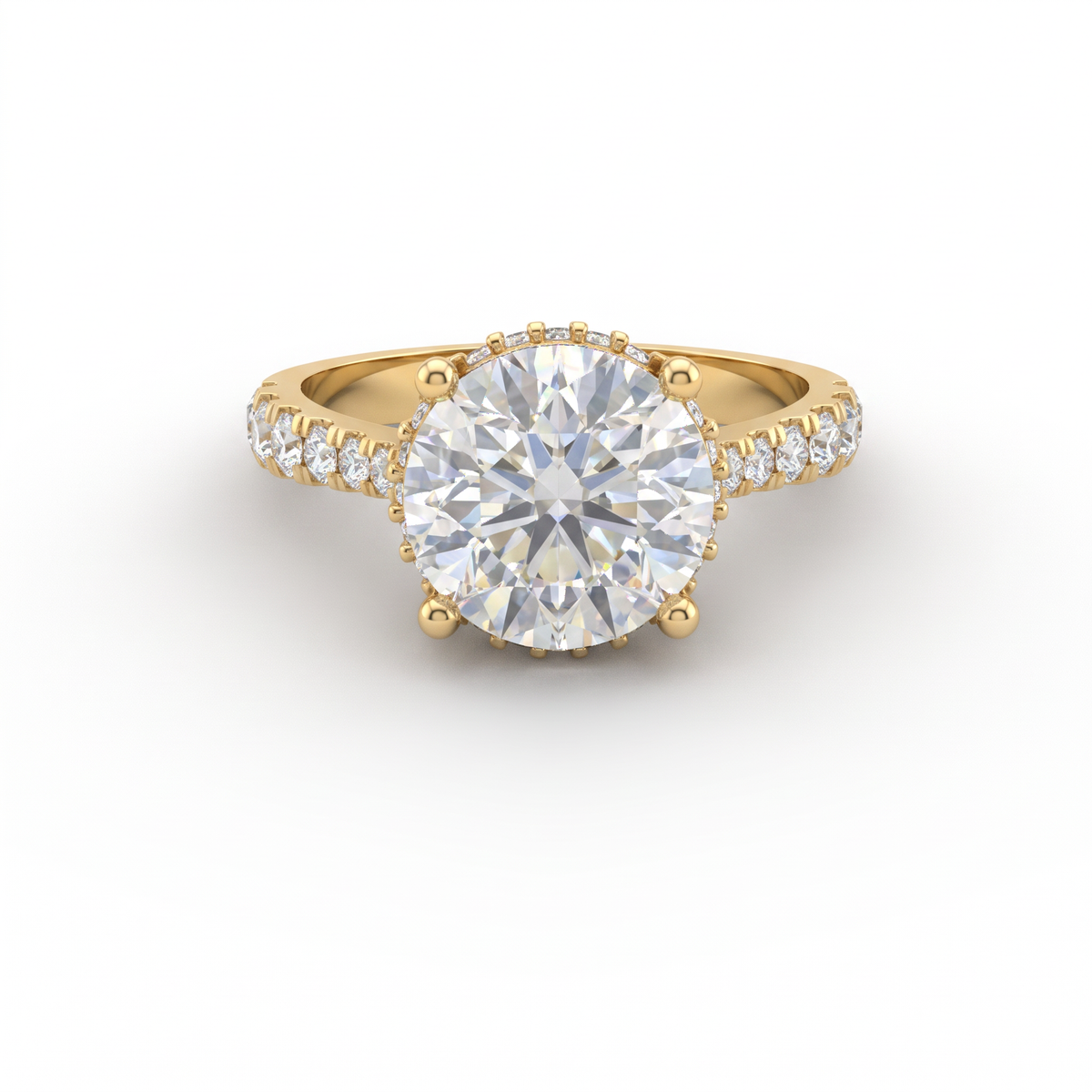 2.5ct Round Brilliant Lab-Grown Diamond engagement ring in 14K yellow gold with hidden halo and pavé band, front view