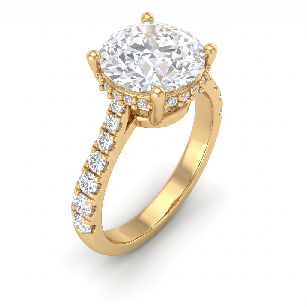 2.5ct Round Brilliant Lab-Grown Diamond hidden halo engagement ring in 14K yellow gold with a pavé band, angled view