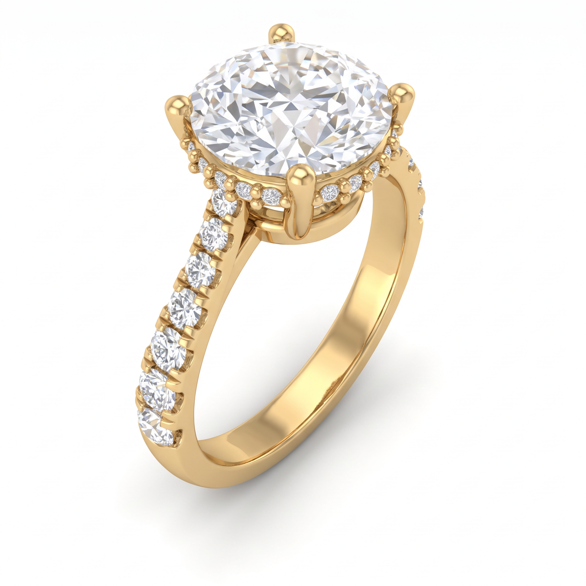 2.5ct Round Brilliant Lab-Grown Diamond hidden halo engagement ring in 14K yellow gold with a pavé band, angled view