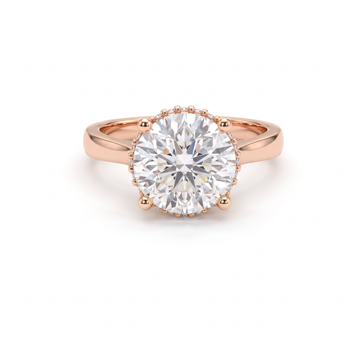 2.5ct round cut Lab-Grown Diamond hidden halo engagement ring in 14K rose gold, front view