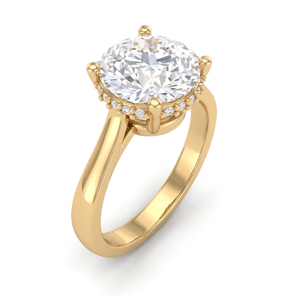 Angled view of a 2.5 carat round cut Lab-Grown Diamond engagement ring in 14K yellow gold