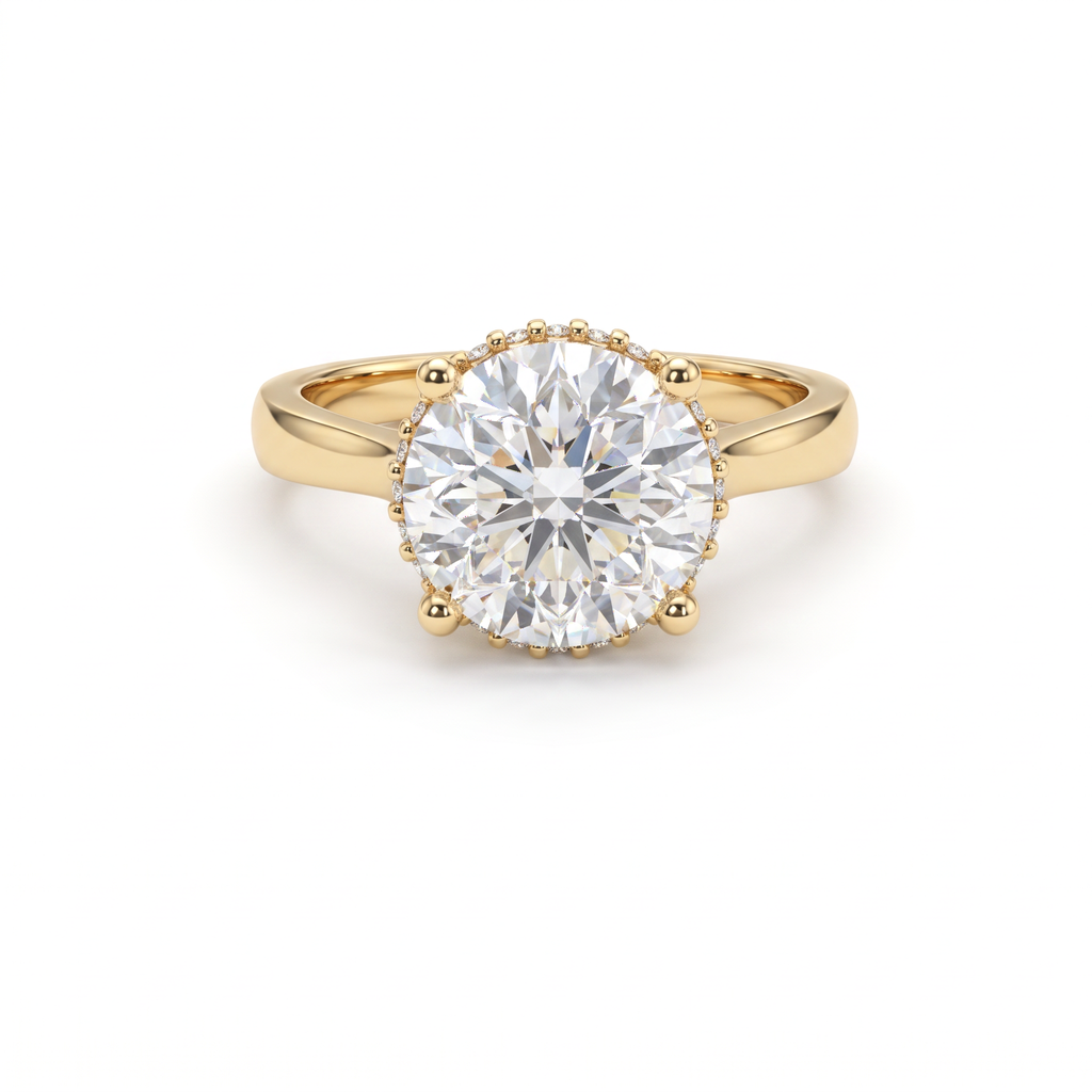 2.5ct round brilliant Lab-Grown Diamond hidden halo engagement ring in 14K yellow gold, front view