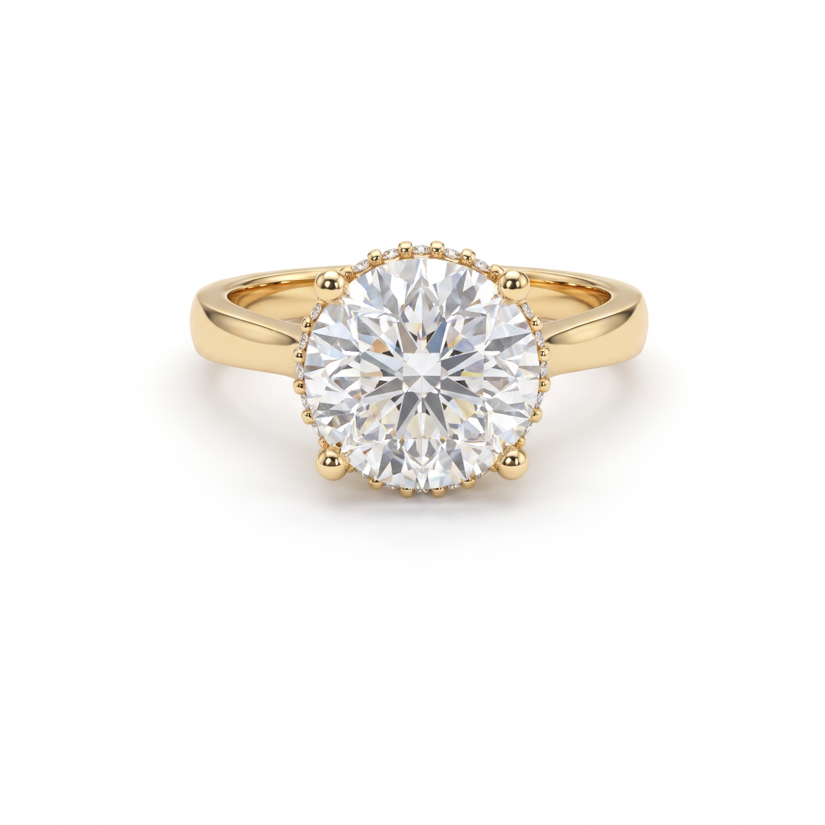 2.5ct round brilliant Lab-Grown Diamond hidden halo engagement ring in 14K yellow gold, front view