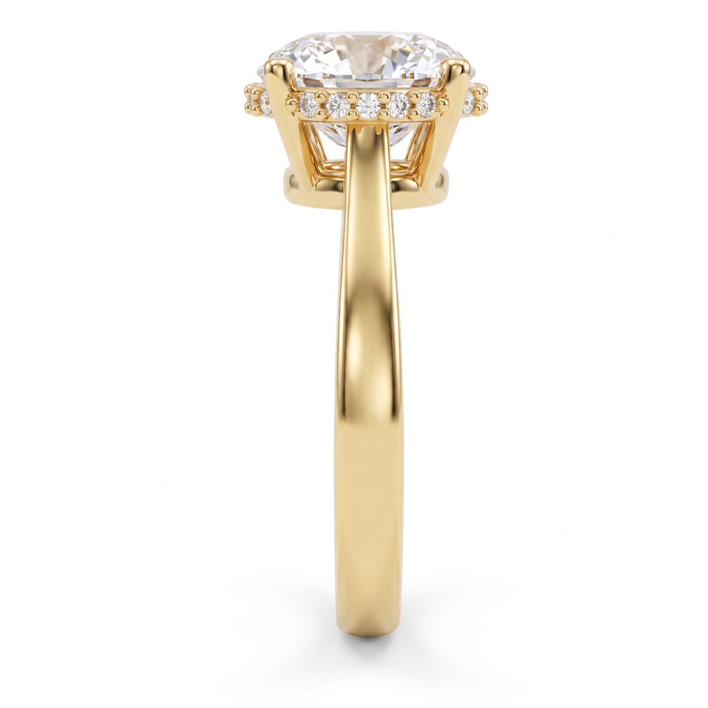 Hidden halo detail, pavé Lab-Grown Diamonds beneath a 2.5ct round brilliant center stone in 14K gold