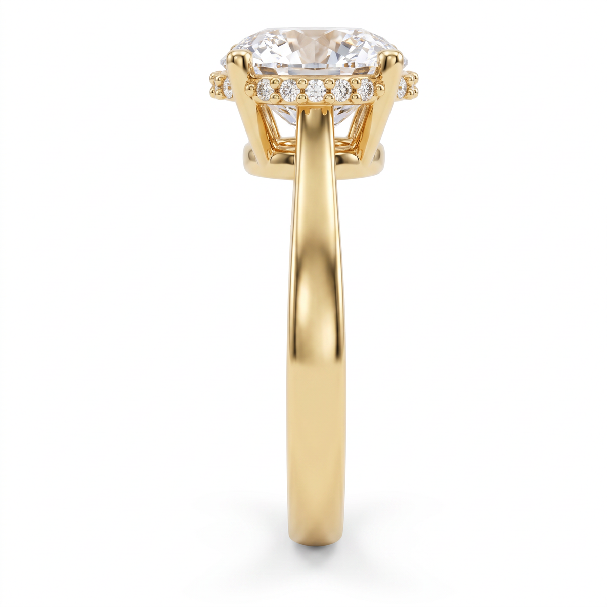 Hidden halo detail, pavé Lab-Grown Diamonds beneath a 2.5ct round brilliant center stone in 14K gold