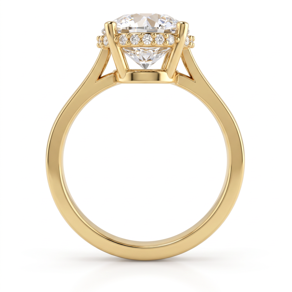 Profile of a 2.5ct round cut hidden halo engagement ring in 14K yellow gold, four-prong basket