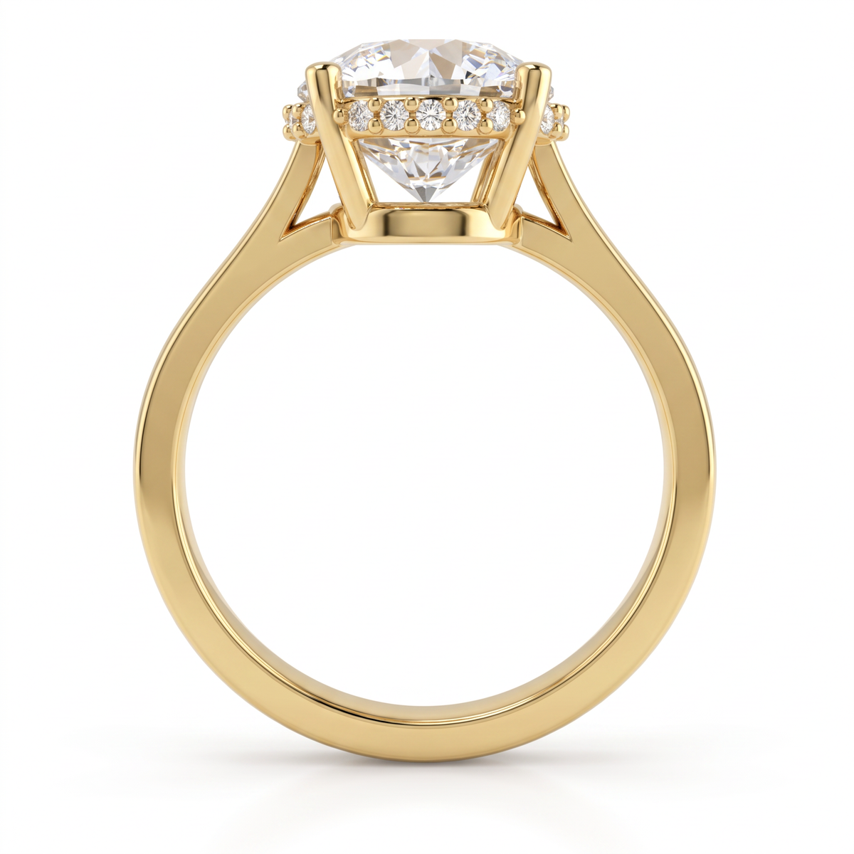 Profile of a 2.5ct round cut hidden halo engagement ring in 14K yellow gold, four-prong basket