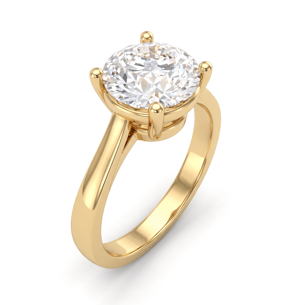 Three-quarter view of the 2.5ct round diamond solitaire in 14K yellow gold, four-prong basket above the gallery