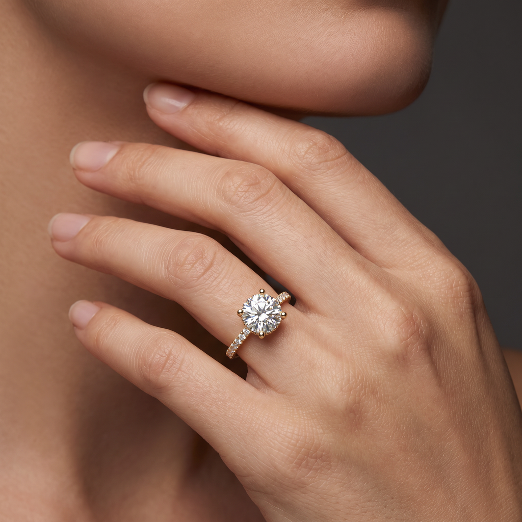 2 carat cushion cut Lab-Grown Diamond engagement ring worn on hand, 14K rose gold with pavé band, shown for scale