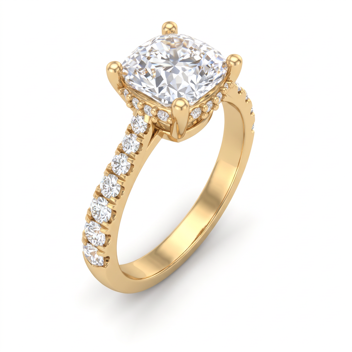 Angled view of a 2ct cushion cut Lab-Grown Diamond solitaire in 14K yellow gold with four-prong setting and pavé shank