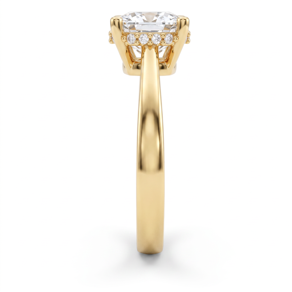 2ct cushion hidden halo ring in 14K yellow gold viewed along the 2.5mm shank, halo and basket visible from the side